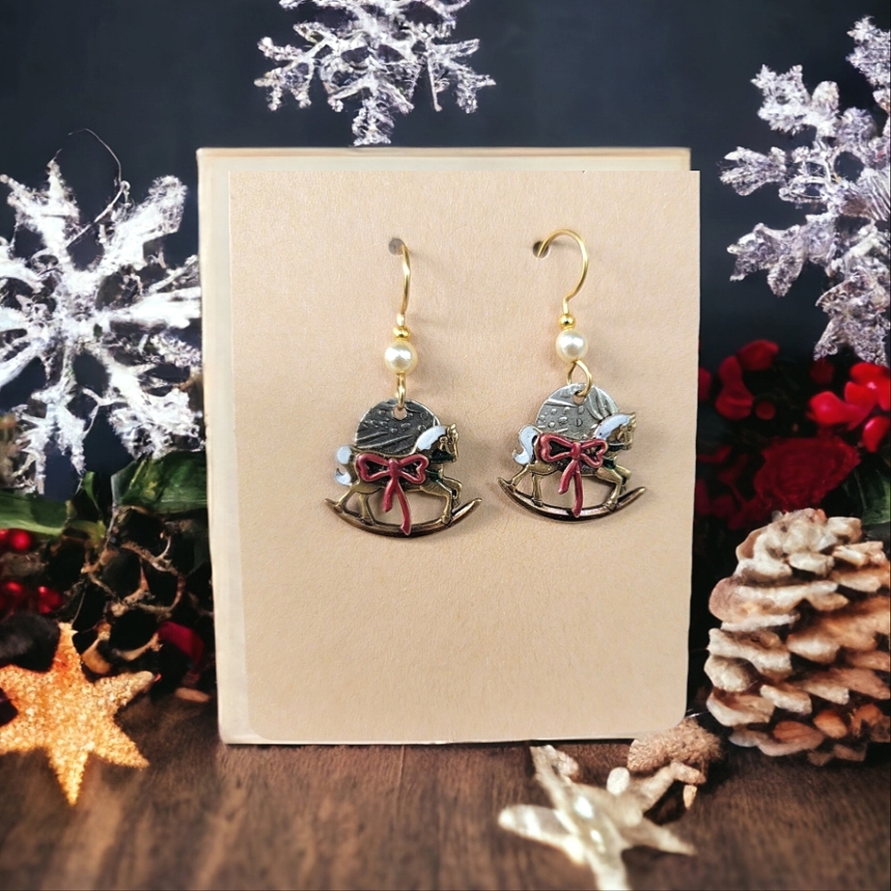 Christmas Rocking Horse Brass Pewter Earrings Pearl Detail